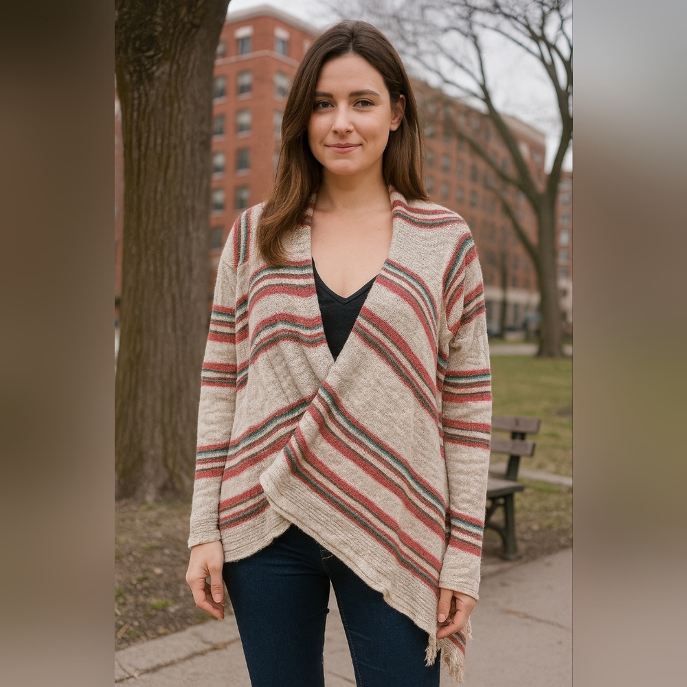 AMERICAN RAG Knit Red White Fringe Western Coastal S Striped Boho Cardigan